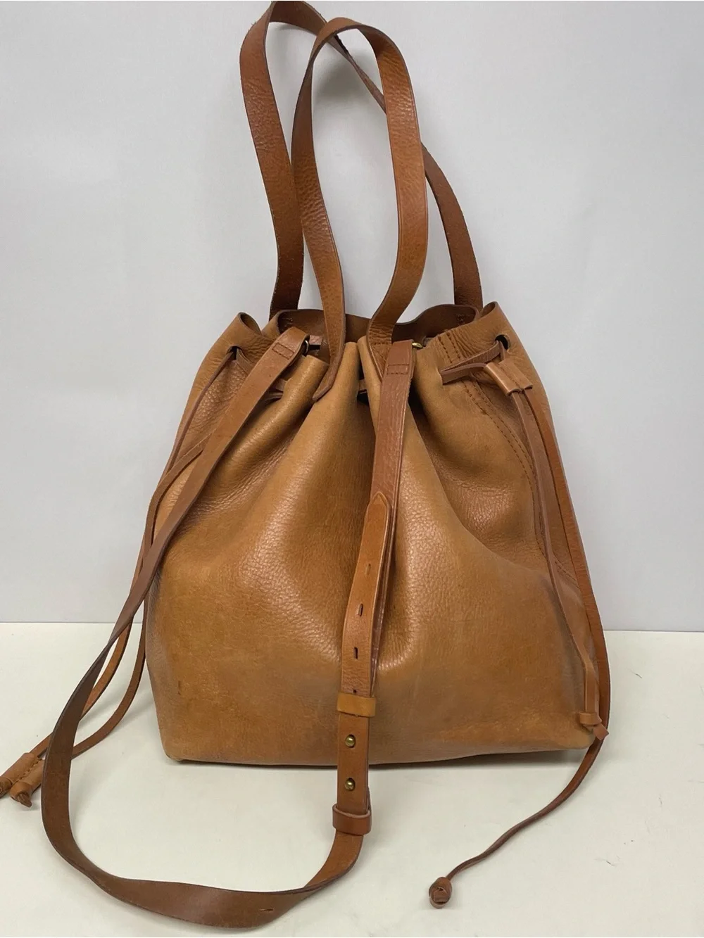 Madewell Cognac Genuine Leather Drawstring Bucket Hobo Bag